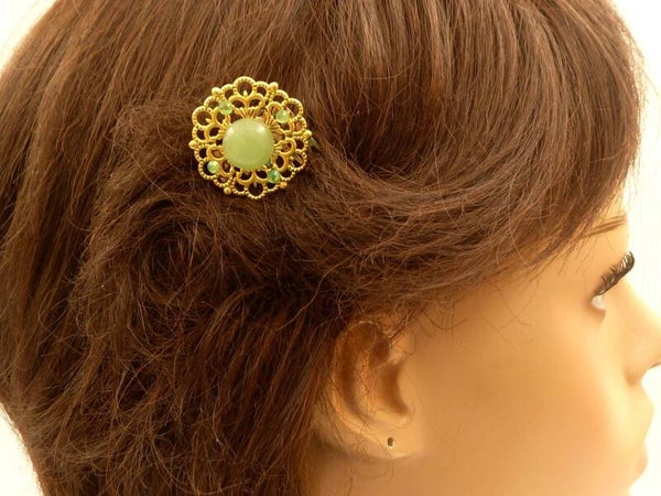 Kleiner Edelstein Haarkamm mit Jade Cabochon grün goldfarben festlicher Haarschmuck