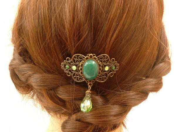 Kleine Edelstein Haarspange mit Aventurin Cabochon grün bronzefarben