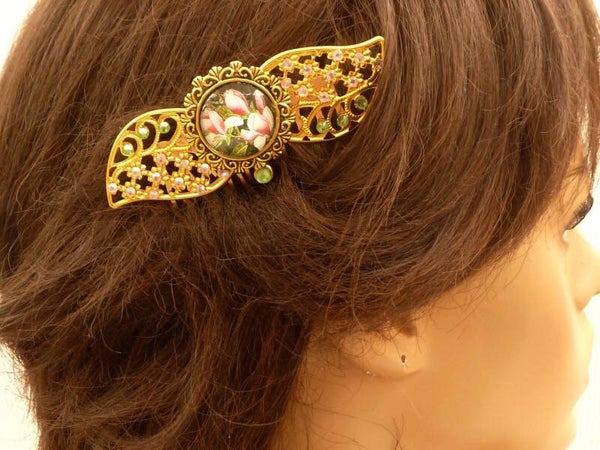 Breiter Haarkamm mit Blatt Ornamenten und Magnolien Motiv goldfarben Braut Hochzeit Haarschmuck