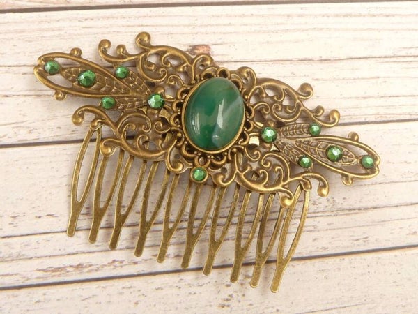 Edelstein Haarkamm mit Aventurin Cabochon grün bronzefarben vintage Stil Haarschmuck