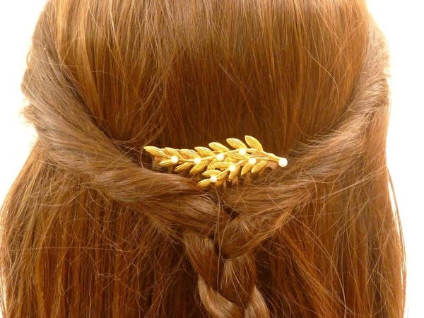 Edler Blatt Haarkamm goldfarben mit weißen Halbperlen für Hochzeiten