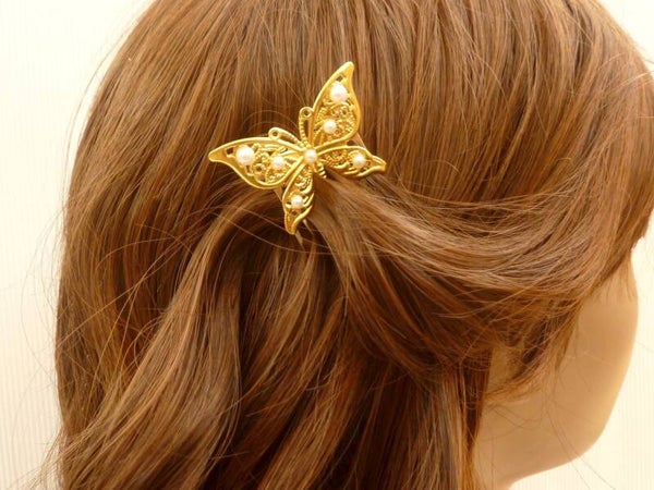 Zierlicher Schmetterling Haarkamm goldfarben mit Perlen Hochzeit Braut