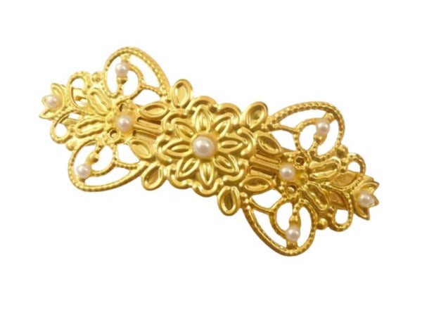Vintage Stil Haarschmuck Haarspange goldfarben Schleifenform mit weißen Perlen