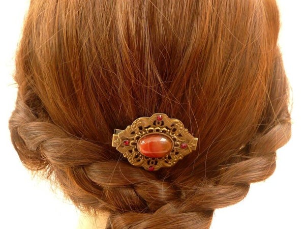 Edelstein Haarclip Vintage Stil mit Karneol bronzefarben Ponyfrisur Haarschmuck Zopf Haar Accessoire