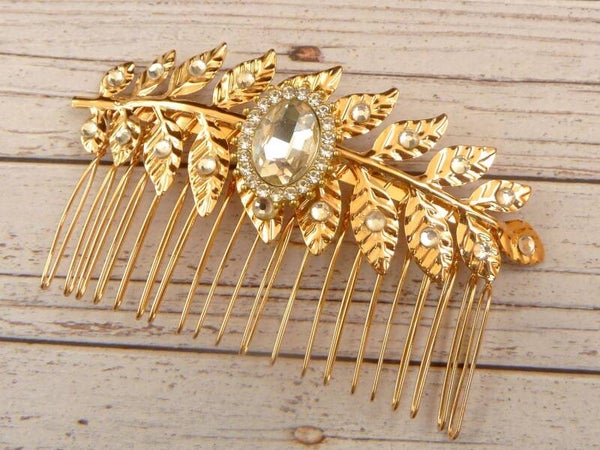 Haarkamm in griechischem Stil mit Blüte und Blättern goldfarben Hochzeit Haarschmuck