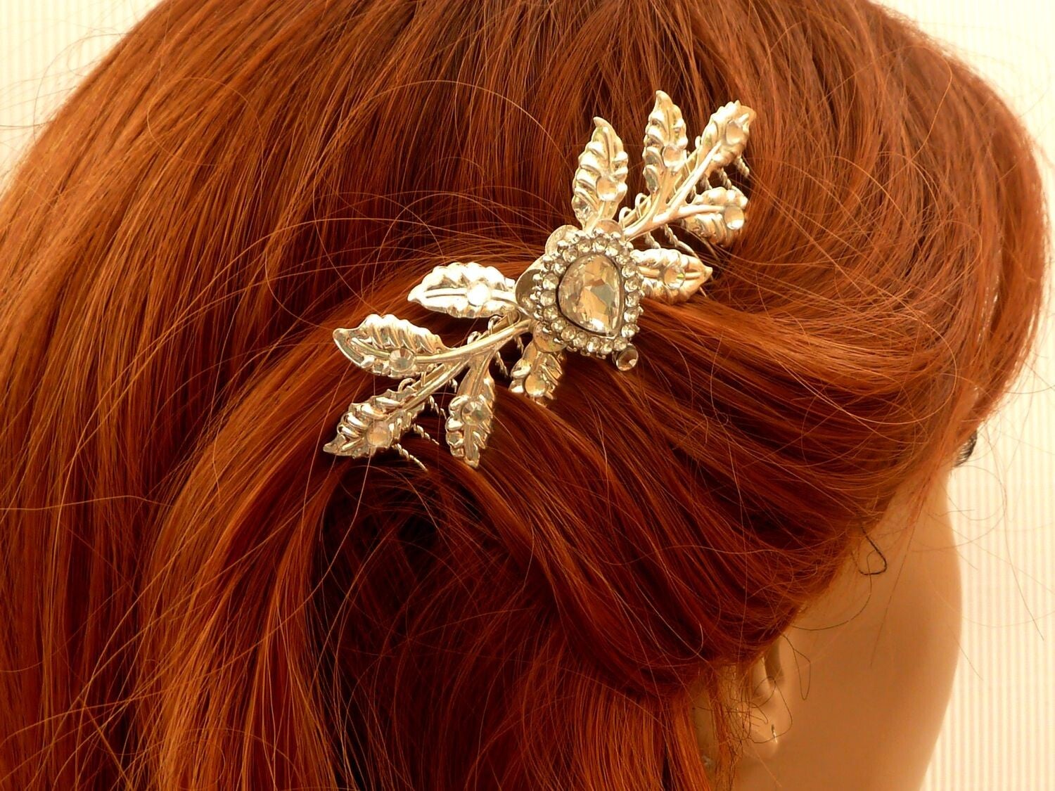 Blatt Haarkamm mit Glasjuwel  silberfarben Hochzeit Haarschmuck