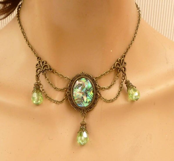 Edles Collier mit Abalone Muschelscheibe Einzelstück antik Stil Halskette Tracht Schmuck