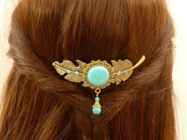 Edelstein Haarspange in Federform goldfarben mit Türkis Cabochon