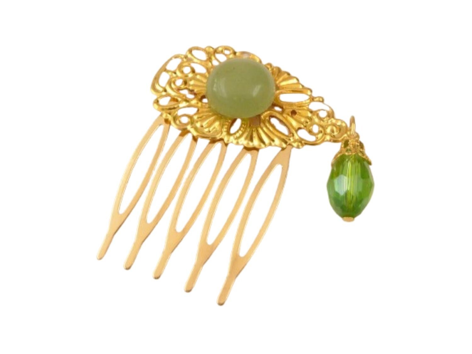 Zierlicher Haarkamm mit Aventurin Edelstein Cabochon grün goldfarben