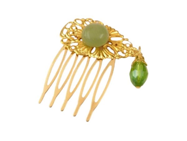 Zierlicher Haarkamm mit Aventurin Edelstein Cabochon grün goldfarben