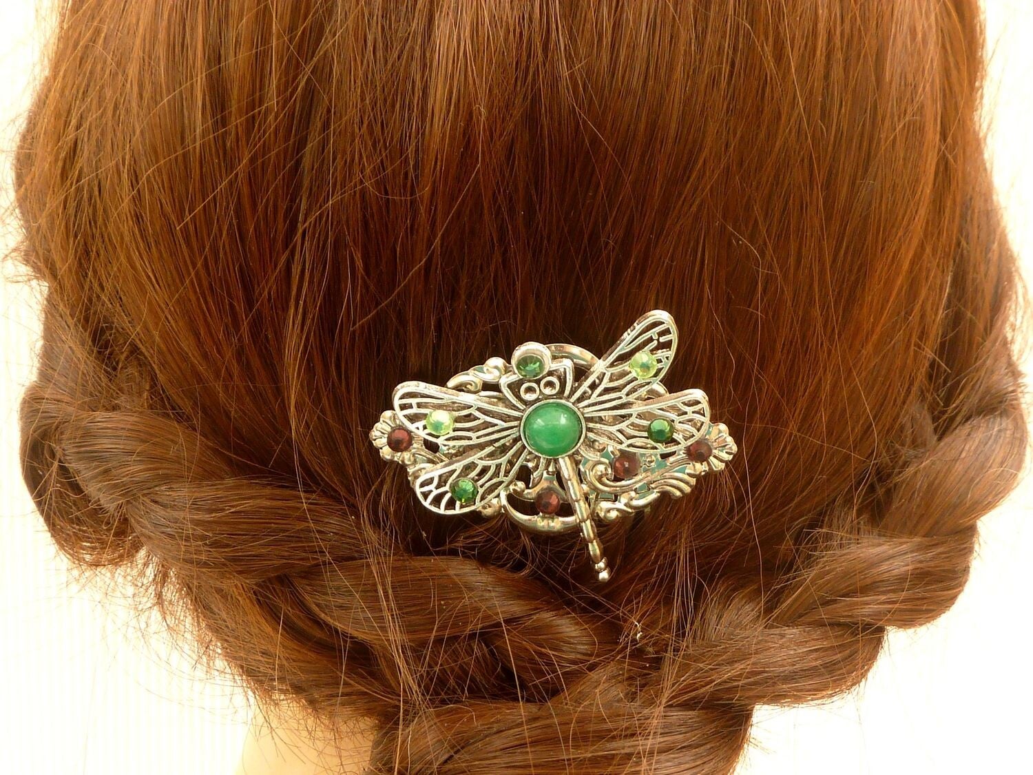 Kleiner Haarkamm mit Libelle Ornament und Jade bunt silberfarben