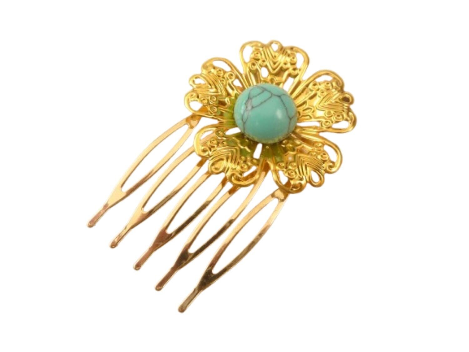 Kleiner Blüten Haarkamm mit Türkis Edelstein Cabochon
