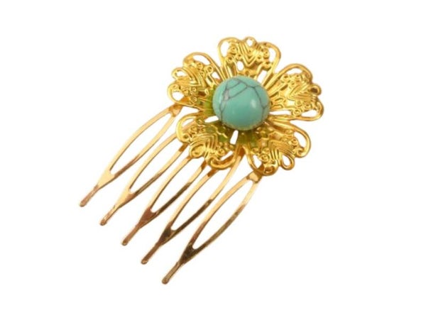 Kleiner Blüten Haarkamm mit Türkis Edelstein Cabochon