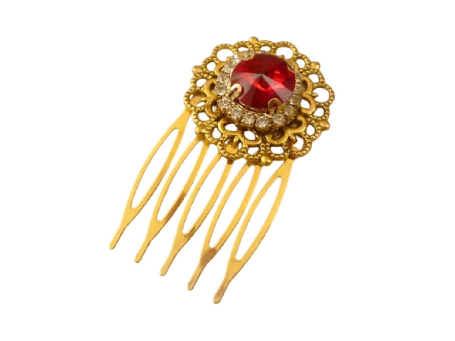 Zarter Haarkamm mit rundem Ornament und Glasjuwel rot goldfarben vintage Stil Braut Hochzeit Seiten Steckkamm