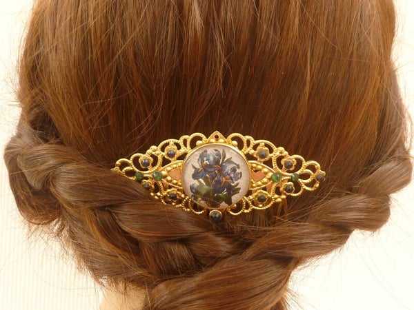 Breiter Haarkamm mit schönem Iris Motiv goldfarben Braut Haarschmuck
