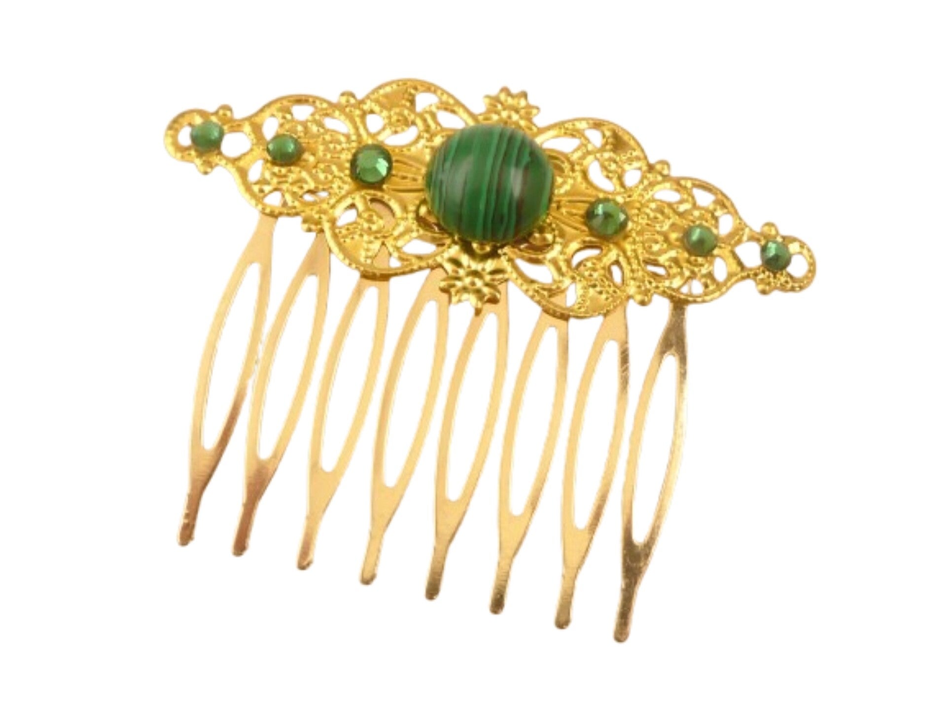 Filigraner Edelstein Haarkamm mit Malachit Cabochon grün goldfarben