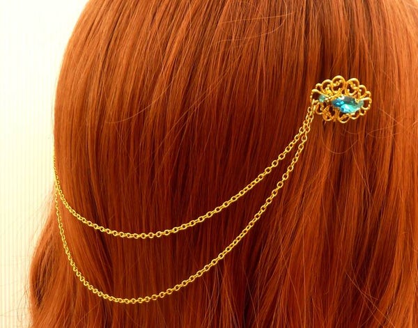 Eleganter Kopfschmuck Haarschmuck zwei Kämme goldfarben türkisfarbene Glasjuwelen
