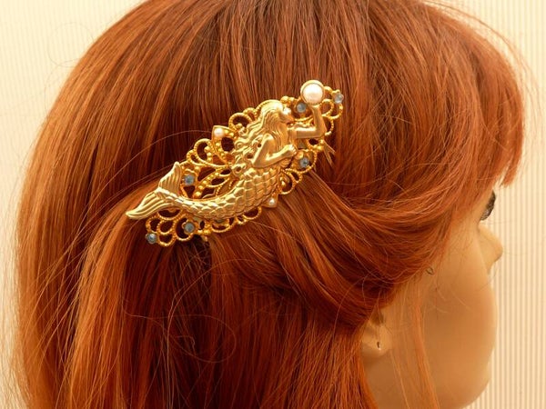 Fantasievoller Haarkamm mit schönem Meerjungfrau Motiv, goldfarben, oxidiertes Messing, hochwertiger Haarschmuck, Geschenkidee Frau