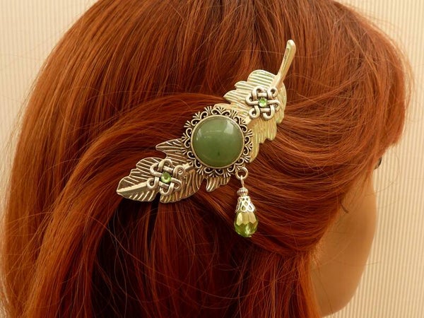 Exklusive Edelstein Haarspange mit Aventurin Federform silberfarben Irland Stil keltische Knoten