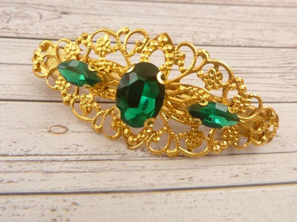 Festliche Haarspange mit Glasjuwelen goldfarben smaragdgrün Hochzeit Haarschmuck