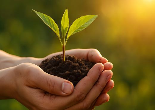 Close-up van handen die een jonge plant vasthouden – symbool voor persoonlijke groei en nieuwe mogelijkheden door NLP coaching en mentoring
