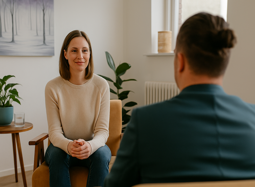 Coach luistert aandachtig naar cliënt in lichte praktijkruimte – persoonlijke NLP coaching en mentoring in Middelburg en online
