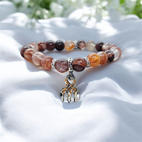 Handmade red hematoid quartz 8mm beads bracelet with sterling silver giraffes charm
