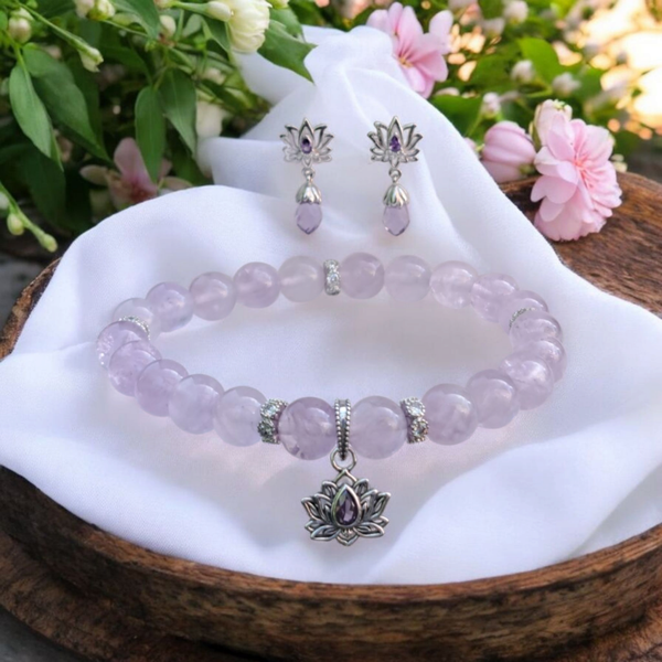 Lavender amethyst 8mm beads bracelet with sterling silver lotus charm and matching earrings