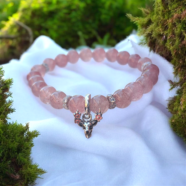 Strawberry quartz beads bracelet with sterling silver deer charm