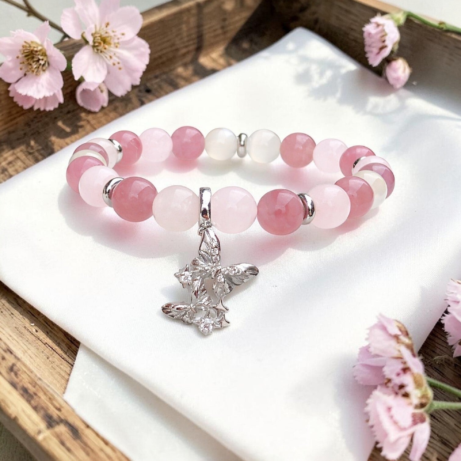Handmade Moonstone, Rose Quartz & Strawberry Quartz Bracelet with Butterfly Charm – 8mm Beads, 18cm