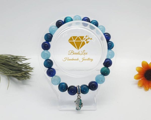 Aquamarine, apatite and blue tiger's eye beads bracelet