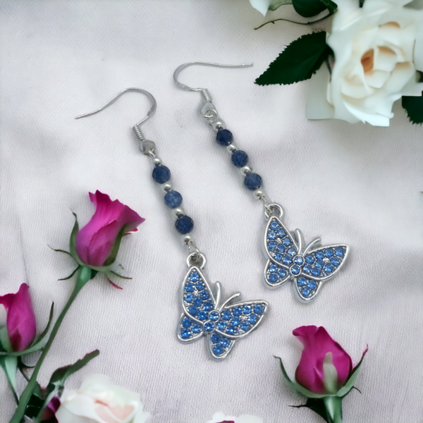 Butterfly charm earrings with sapphire beads