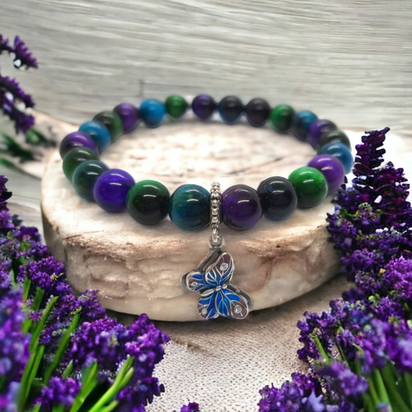 Multicolour tiger's eye 8mm beads bracelet with sterling silver butterfly charm