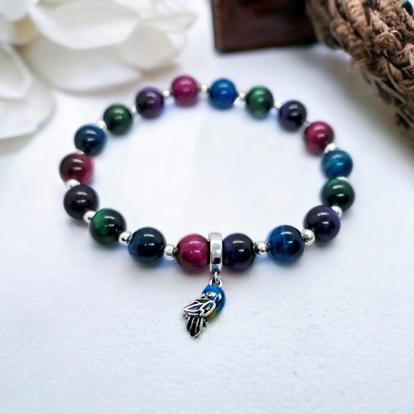 Multicolour tiger's eye 8mm beads bracelet with sterling silver parrot charm