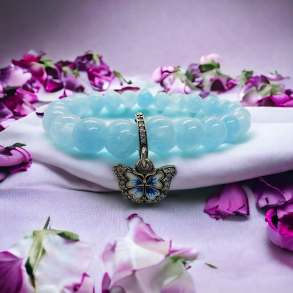 Handmade aquamarine beads bracelet with sterling silver charm