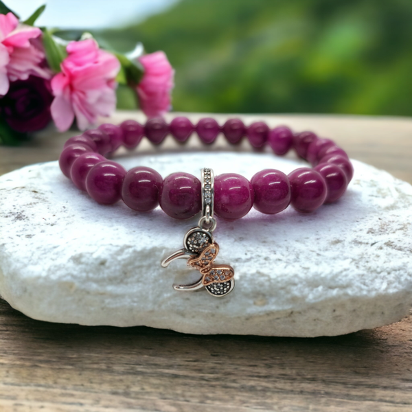 Fuchsia jade handmade 8mm beads bracelet with mouse ears charm