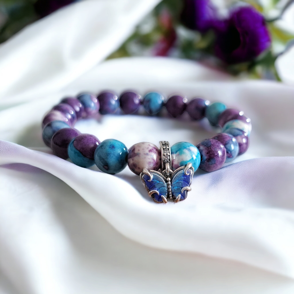 Rain flower jasper 8mm beads bracelet with sterling silver butterfly charm