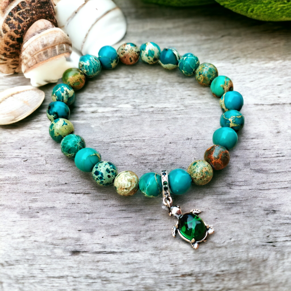 Handmade 8mm green imperial jasper beads bracelet with sterling silver turtle charm