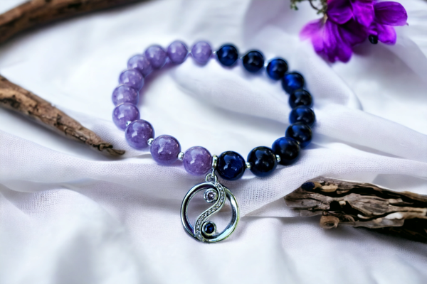 Handmade blue tiger's eye and lavender jade beads bracelet, healing stones jewellery UK