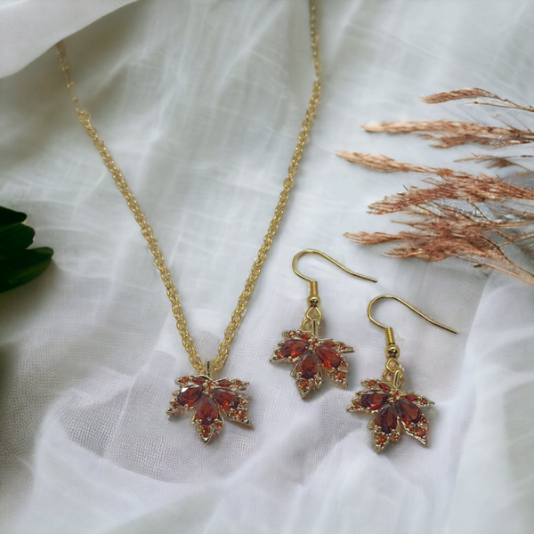 Autumn leaf cubic zirconia gold plated necklace and earrings set