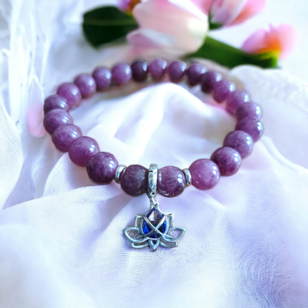 Purple lepidolite 8mm beads bracelet with sterling silver lotus charm