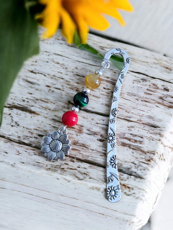 Natural gemstones beaded bookmark with sunflower charm