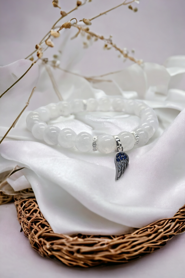 8mm white moonstone beads bracelet with sterling silver and cubic zirconia angel wing charm