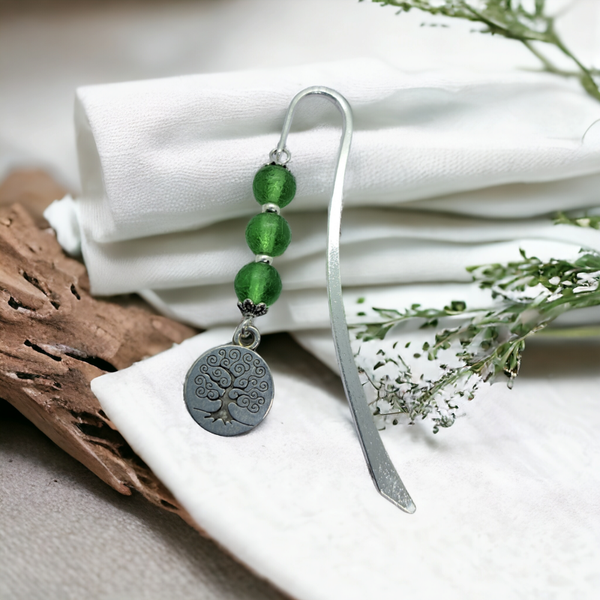 Handmade Moldavite beaded bookmark with family tree charm