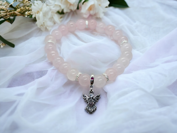 8mm rose quartz beads bracelet with sterling silver angel charm