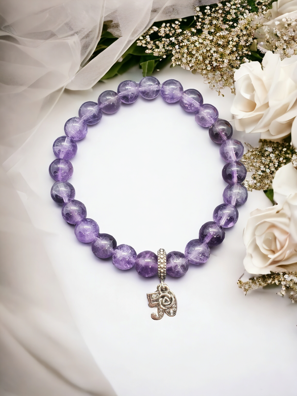 Natural amethyst beads bracelet with sterling silver 50 charm, handmade beads bracelet, birthday gift idea, 50th birthday gift for her