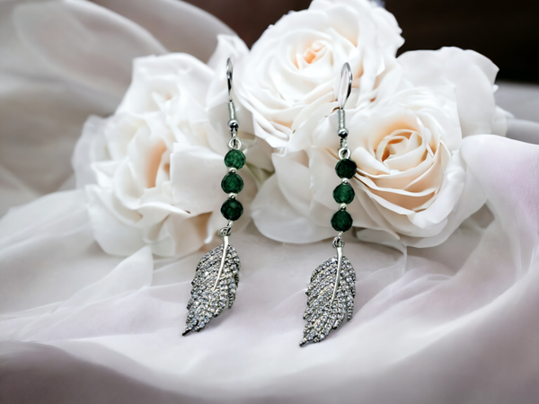 Genuine emerald beaded earrings with feather charm
