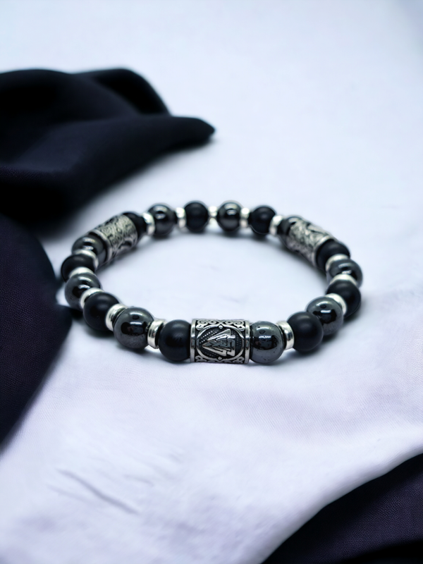 Viking style black onyx and magnetic hematite beads bracelet
