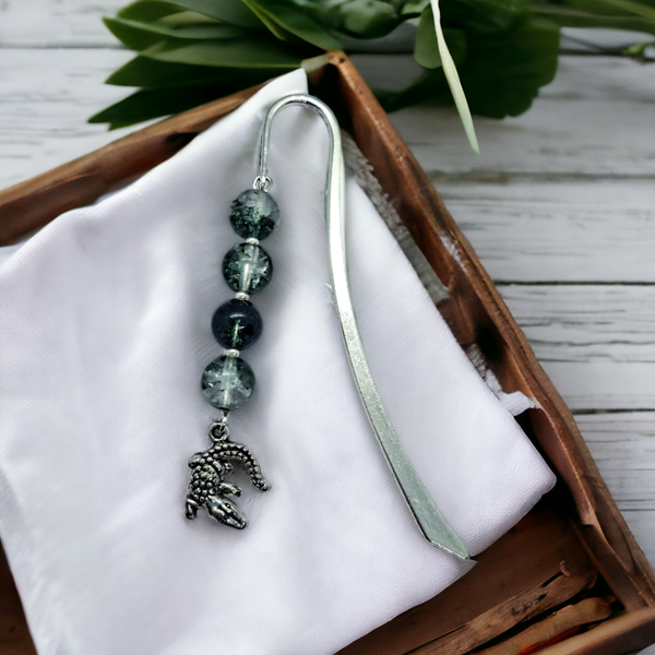 Phantom ghost quartz beaded bookmark with an alligator charm