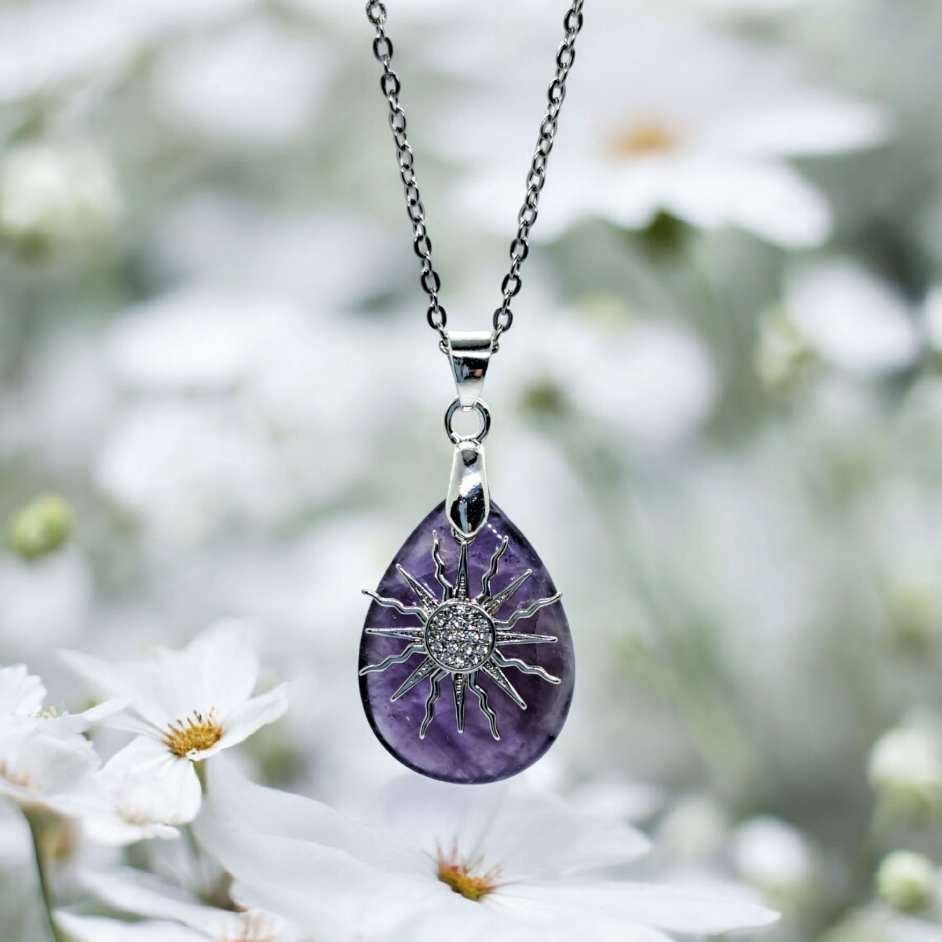 Small amethyst pendant necklace with sun charm